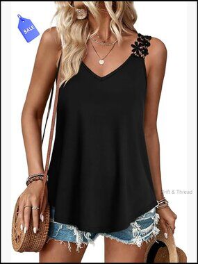 Sleeveless V-Neck Lace Tank Top Flowy Blouse Summer Beach Vacation Tops
